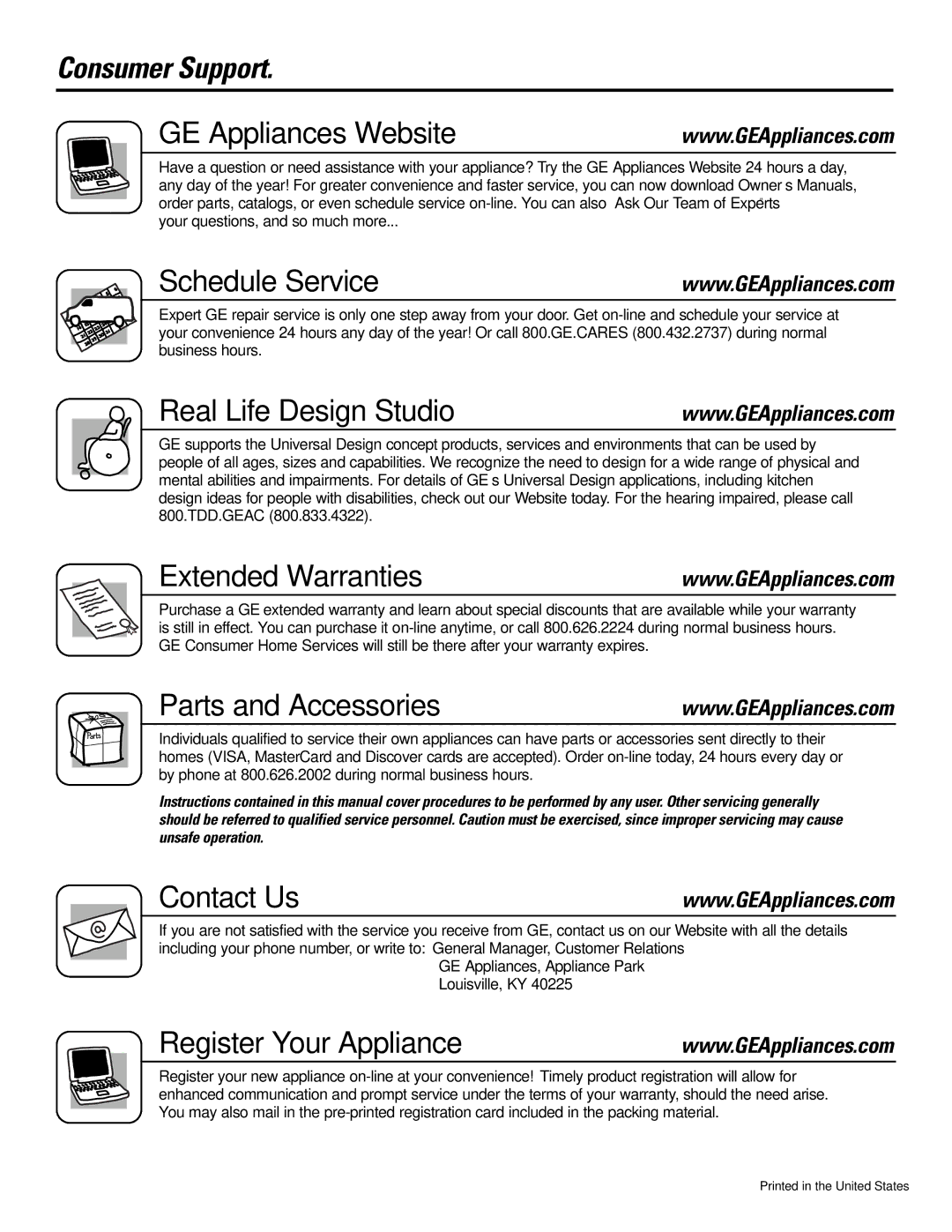 GE Monogram WCSR4170 Consumer Support GE Appliances Website, Schedule Service, Real Life Design Studio, Contact Us 