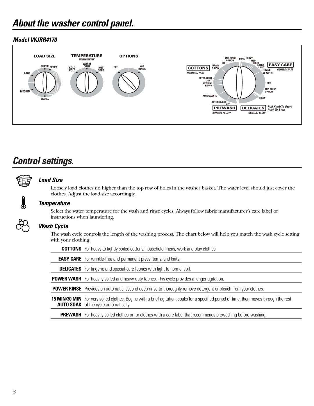 GE Monogram WHDRR418, WSERR417, WLDSR416, WBSR3140 Control settings, Model WJRR4170, Load Size, Temperature, Wash Cycle 