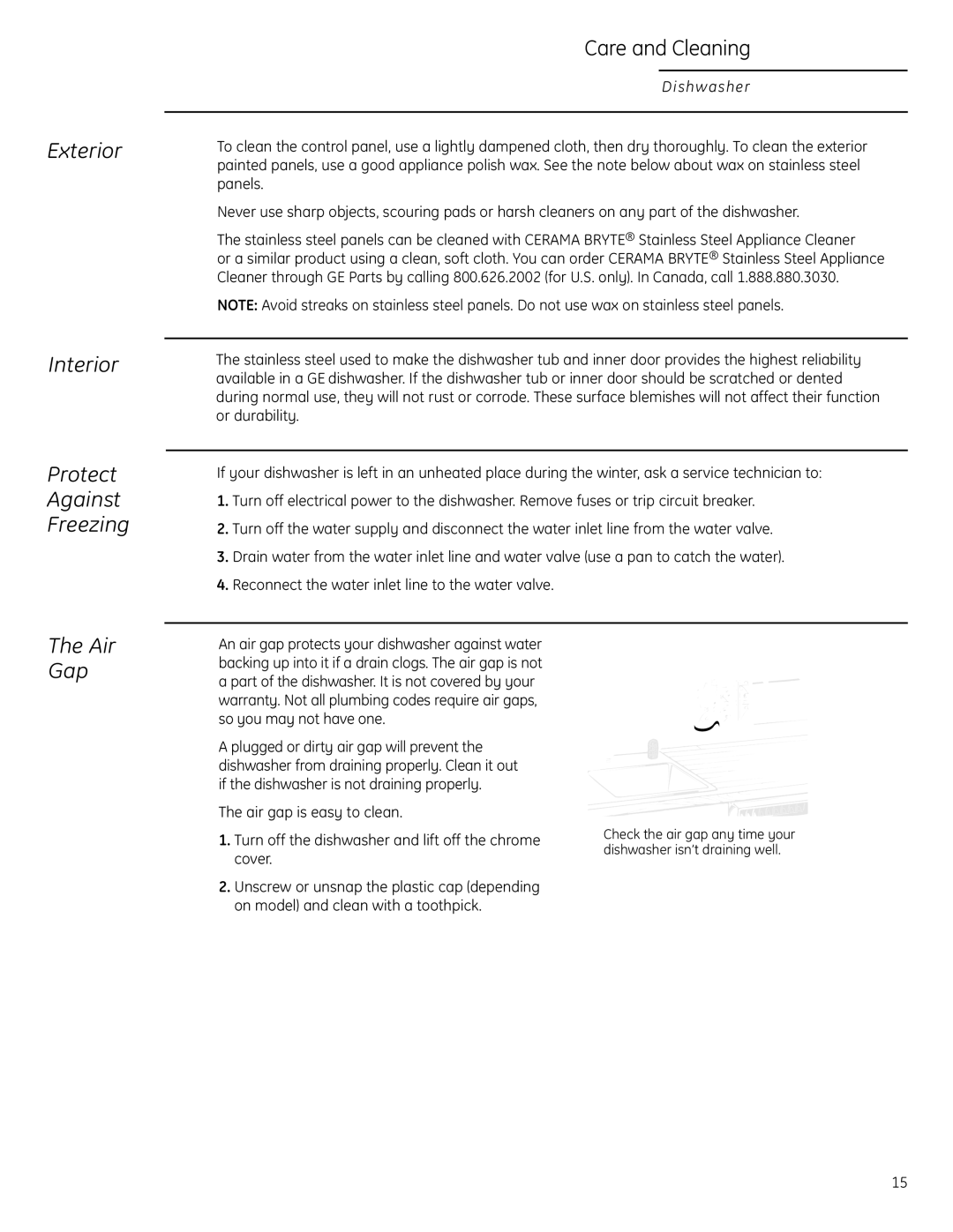 GE Monogram ZBD0710 owner manual Exterior Interior Protect Against Freezing, Care and Cleaning, Air Gap 