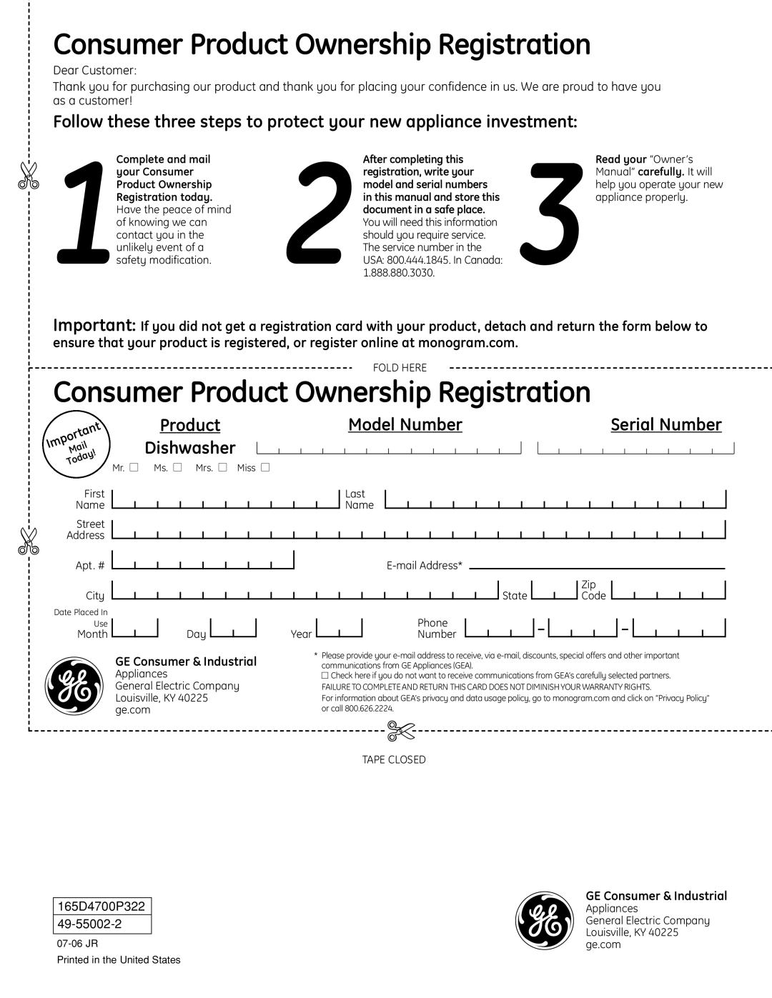 GE Monogram ZBD0710 Consumer Product Ownership Registration, Model Number, Dishwasher, Serial Number, 165D4700P322 