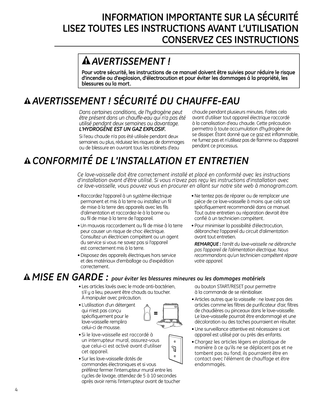 GE Monogram ZBD0710 owner manual Avertissement ! Sécurité Du Chauffe-Eau, Conformité De L’Installation Et Entretien 