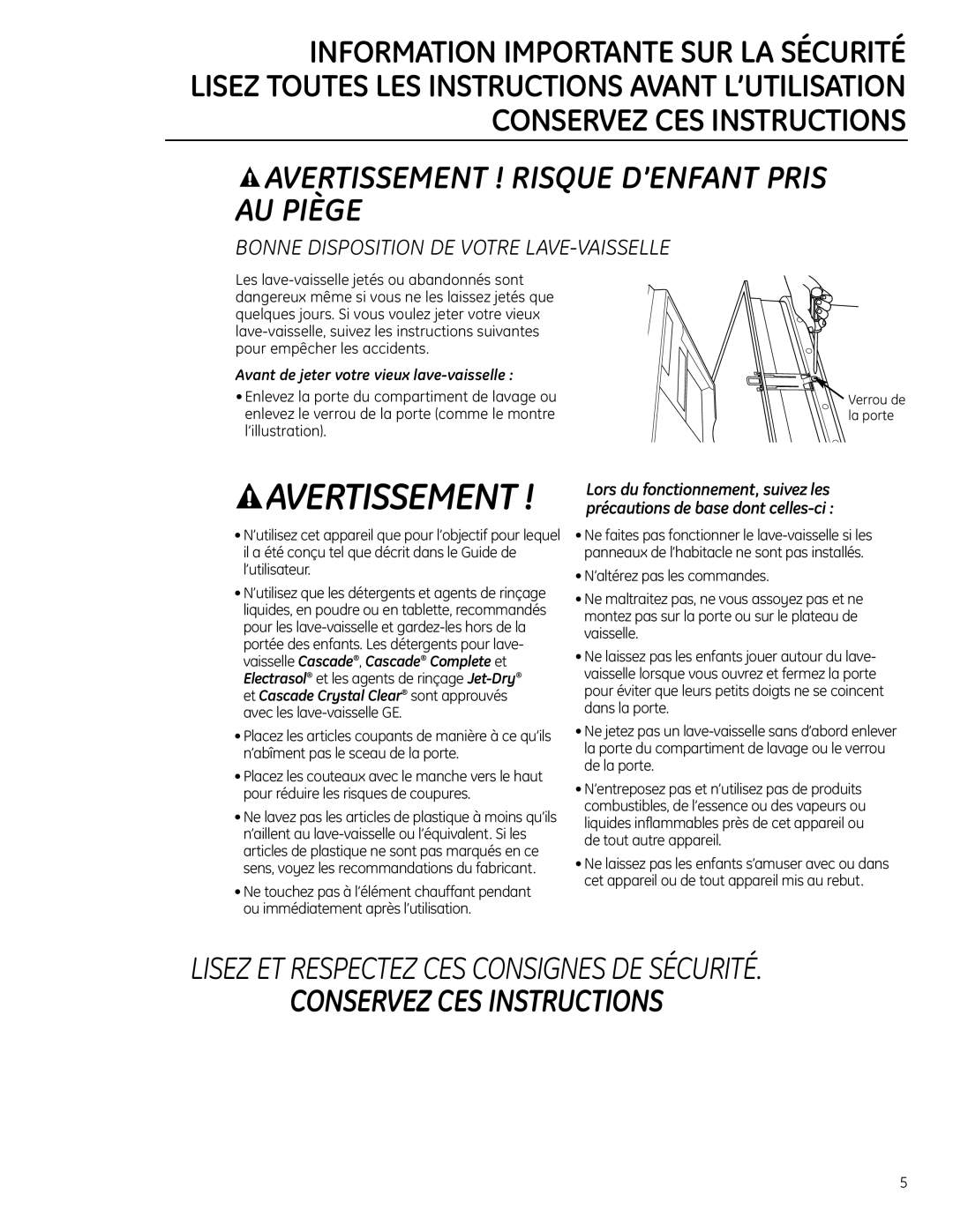 GE Monogram ZBD0710 owner manual Avertissement ! Risque D’Enfant Pris Au Piège, Conservez Ces Instructions 