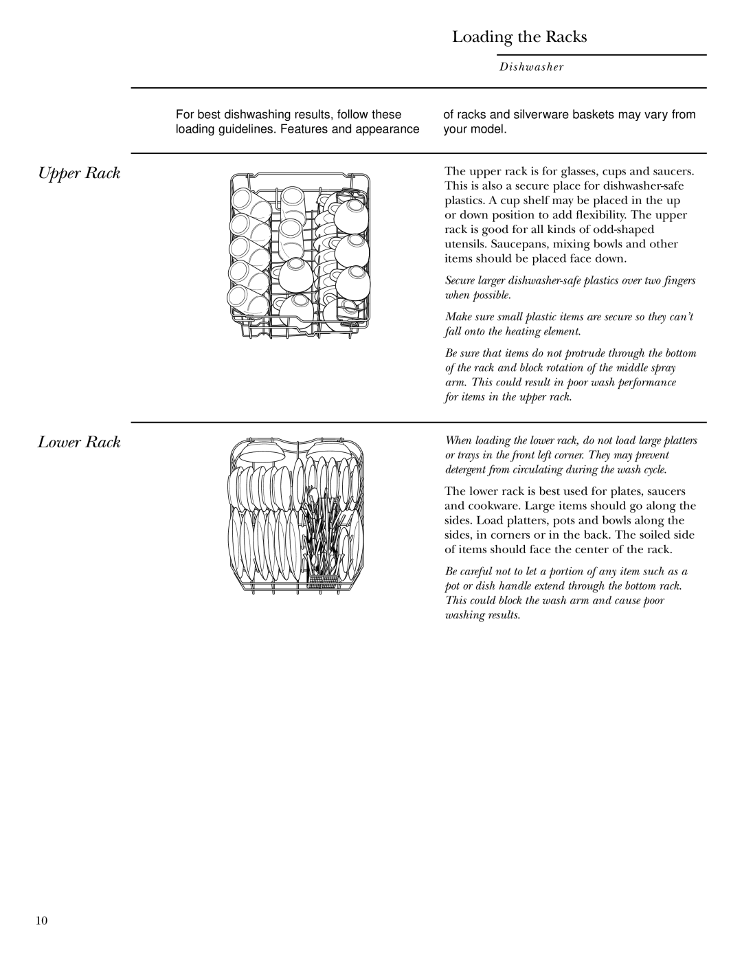 GE Monogram ZBD1800 owner manual Upper Rack Lower Rack, Dishwasher 