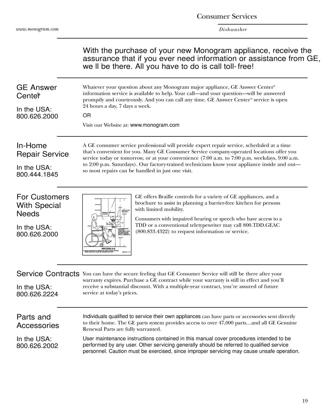 GE Monogram ZBD1800 owner manual Consumer Services, Service Contracts 