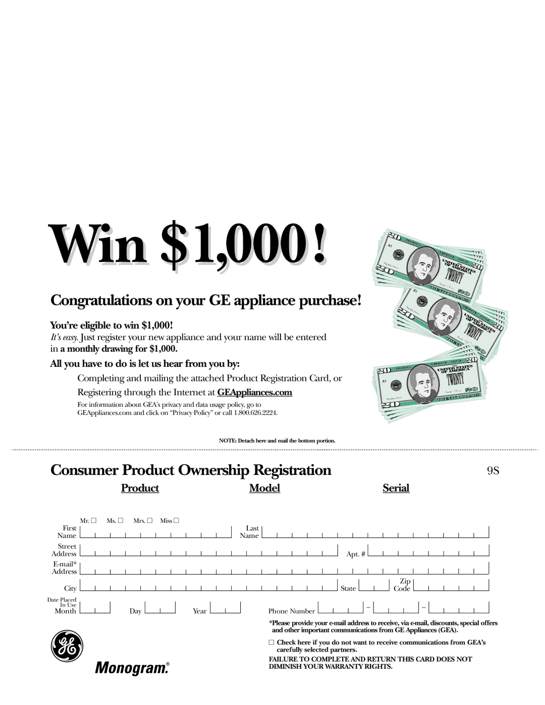 GE Monogram ZBD1800 owner manual Win $1,000 