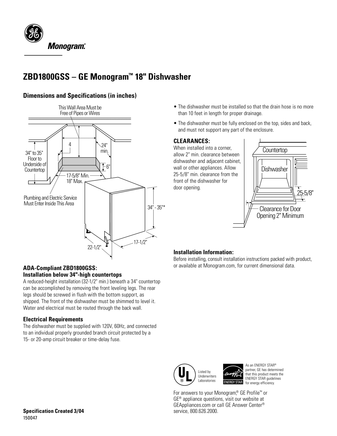 GE Monogram dimensions ZBD1800GSS GE Monogram 18 Dishwasher, Dimensions and Specifications in inches, Clearances 