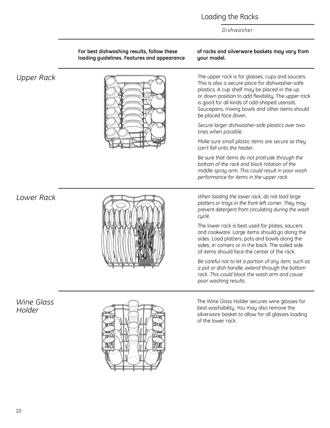 GE Monogram ZBD1850, ZBD1870 Upper Rack Lower Rack, Loading the Racks, For best dishwashing results, follow these 