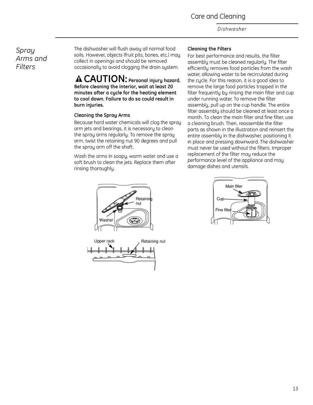 GE Monogram ZBD1870, ZBD1850 owner manual Spray Arms Filters, Cleaning the Spray Arms, Cleaning the Filters 