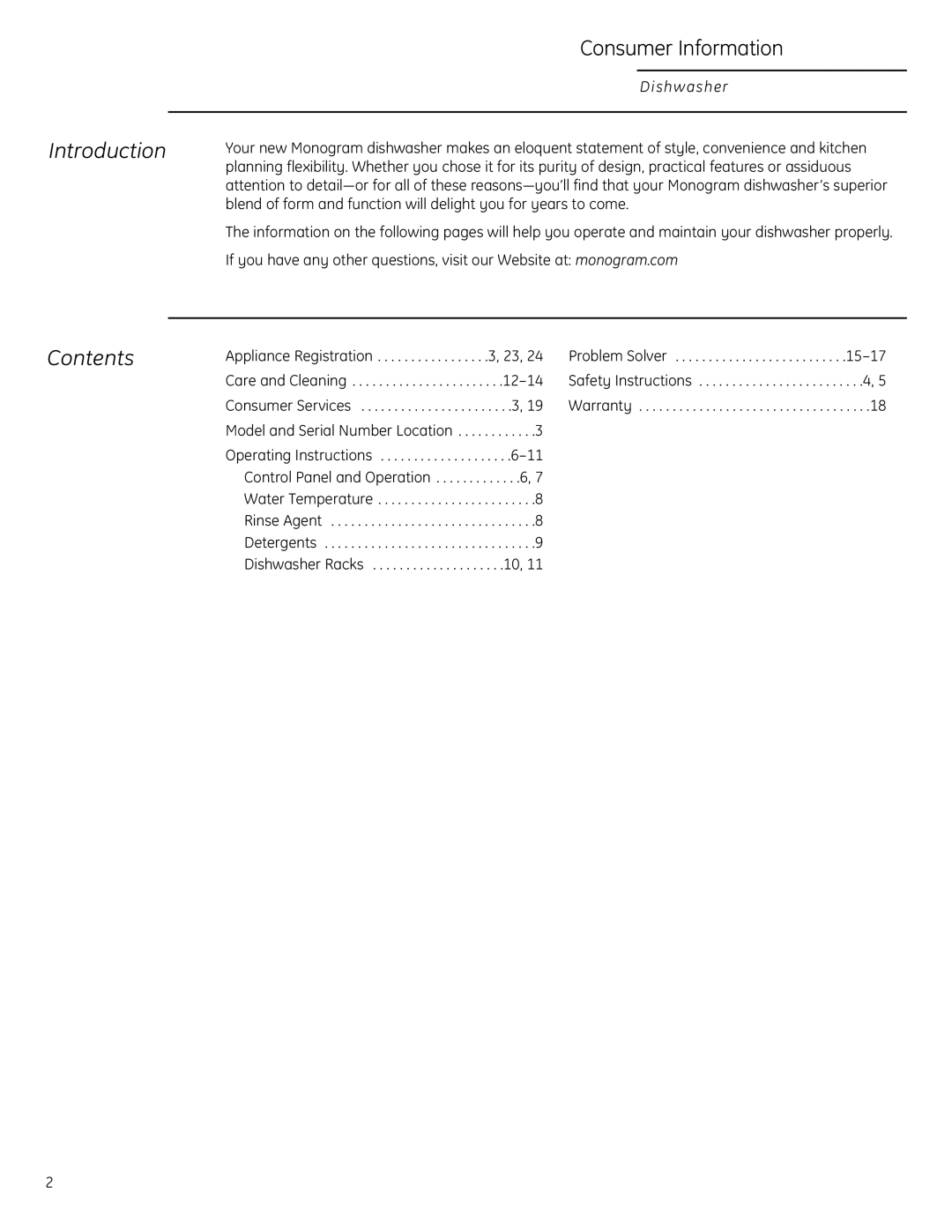 GE Monogram ZBD1850, ZBD1870 owner manual Introduction, Contents 