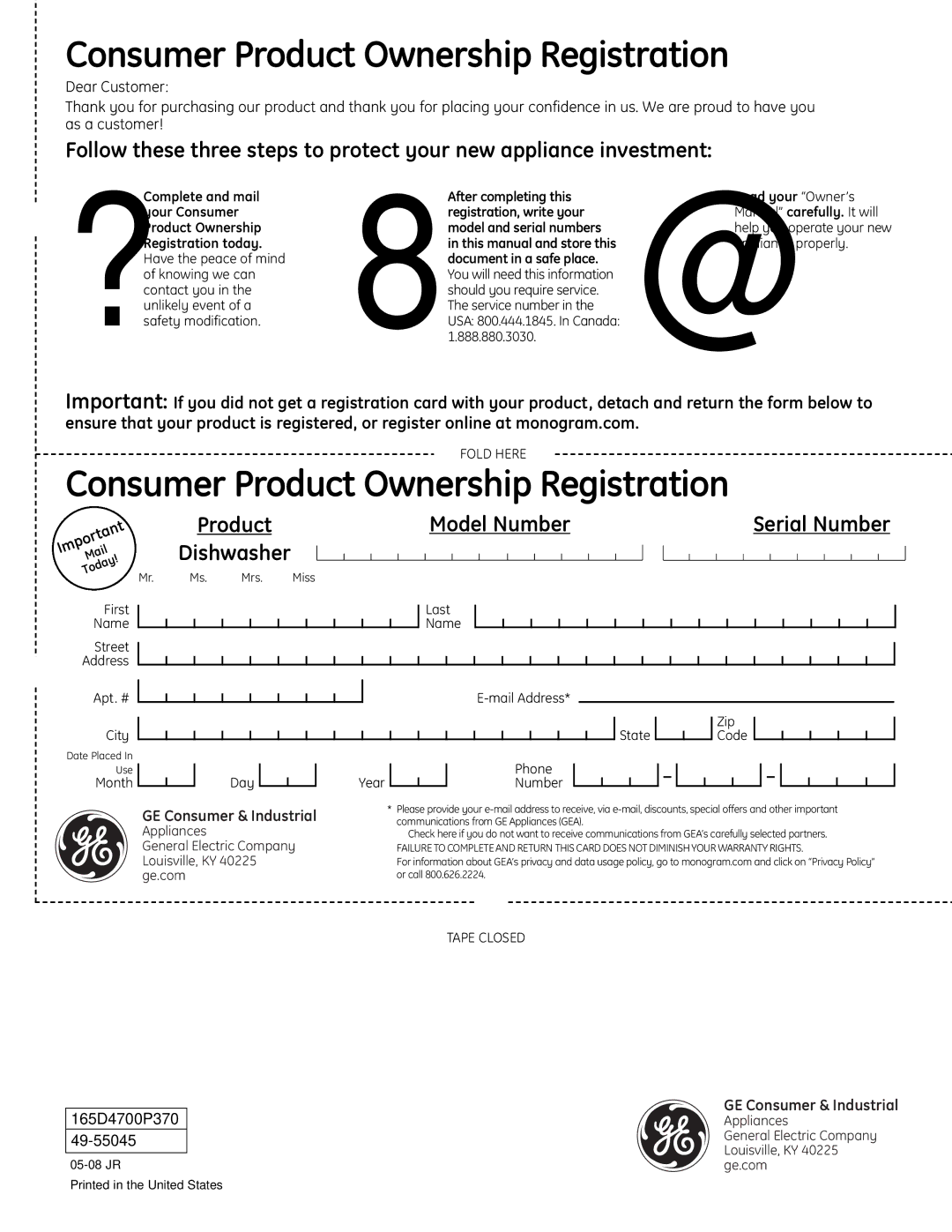 GE Monogram ZBD1850, ZBD1870 owner manual Consumer Product Ownership Registration, GE Consumer & Industrial 