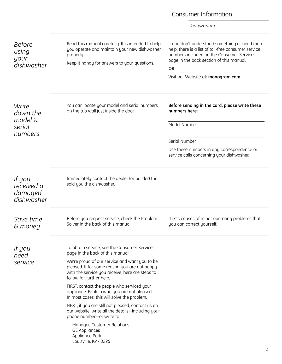 GE Monogram ZBD1870, ZBD1850 Before using your dishwasher, Write down the model & serial numbers, If you need service 