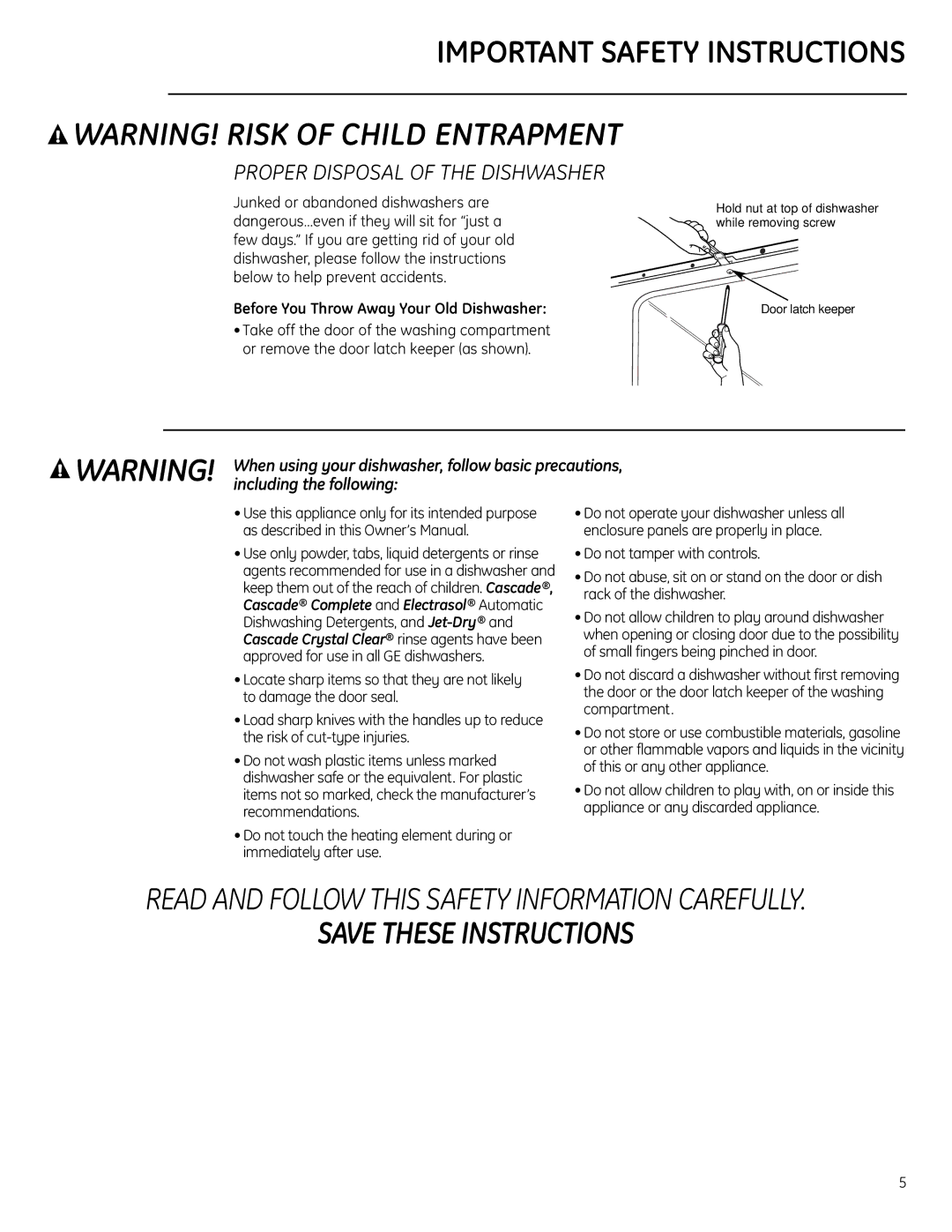 GE Monogram ZBD1870, ZBD1850 owner manual Important Safety Instructions, Before You Throw Away Your Old Dishwasher 