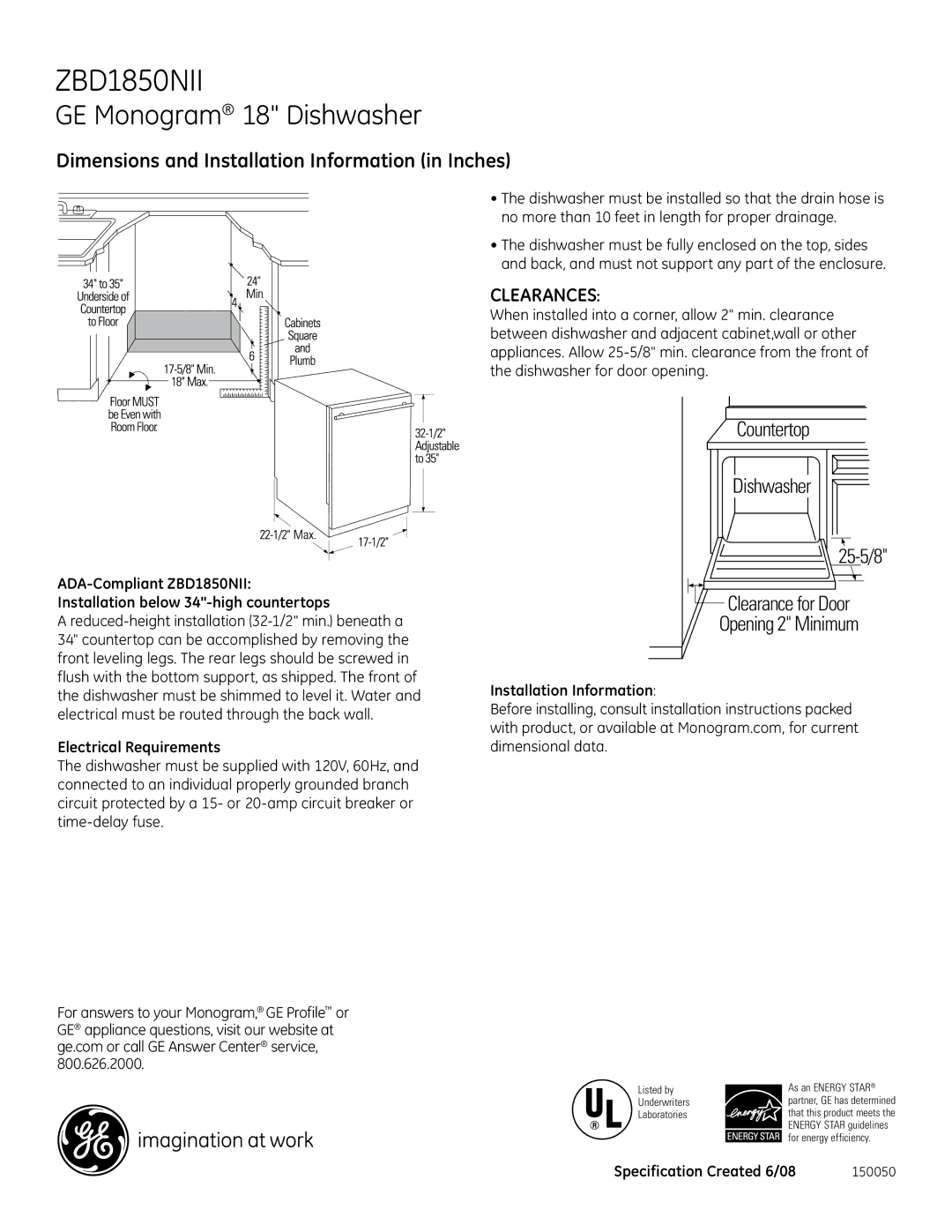 GE Monogram ZBD1850NII dimensions GE Monogram 18 Dishwasher, Dimensions and Installation Information in Inches, Clearances 