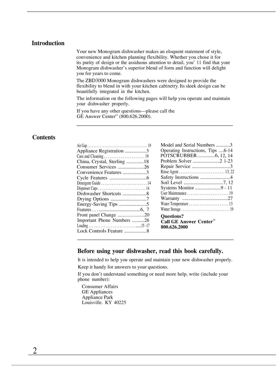 GE Monogram ZBD3000 manual Introduction, Contents, Before using your dishwasher, read this book carefully 