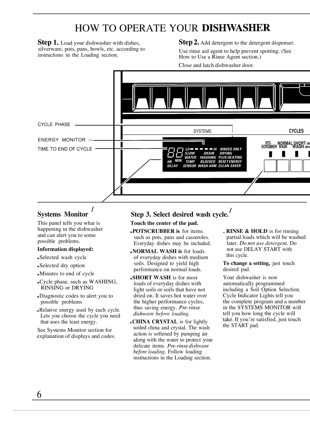 GE Monogram ZBD3000 manual HOW to Operate Your DIS~ASHER, Systems Monitor Select desired wash cycle, Information displayed 