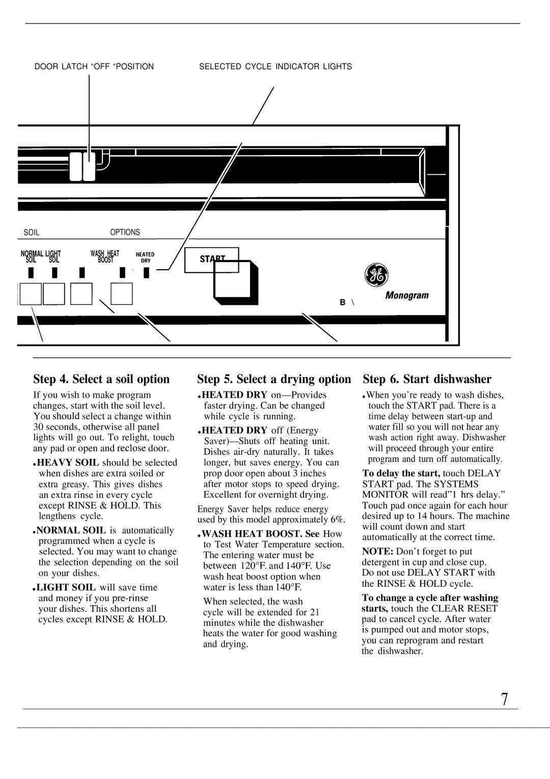 GE Monogram ZBD3000 manual Select a soil option, Select a drying option, Start dishwasher 