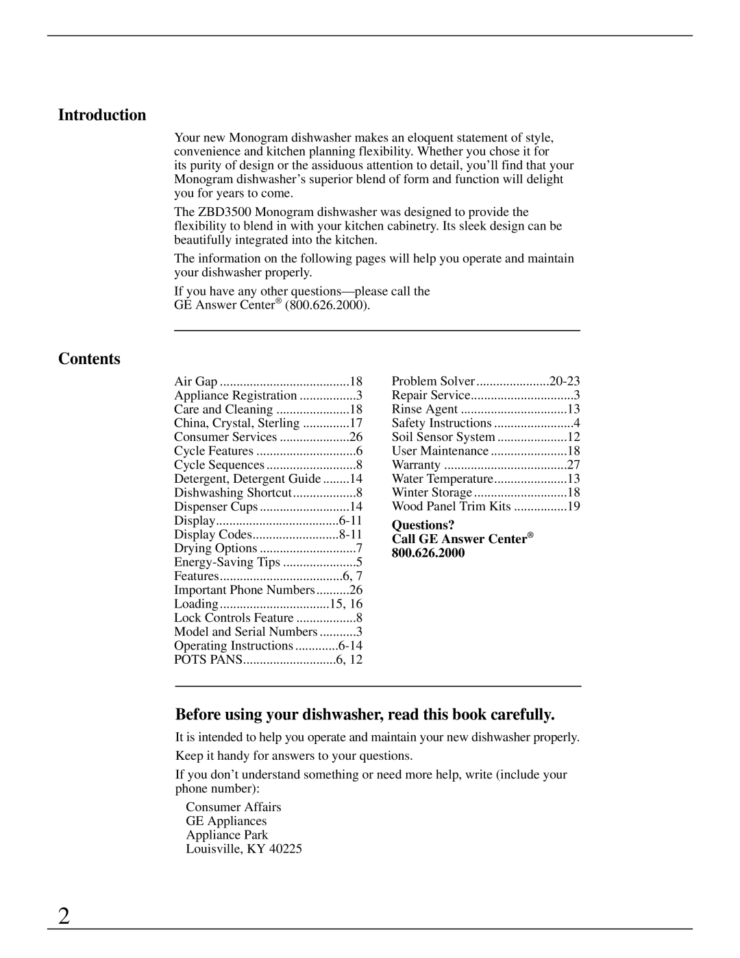 GE Monogram ZBD3500 manual Introduction, Contents, Before using your dishwasher, read this book carefully 