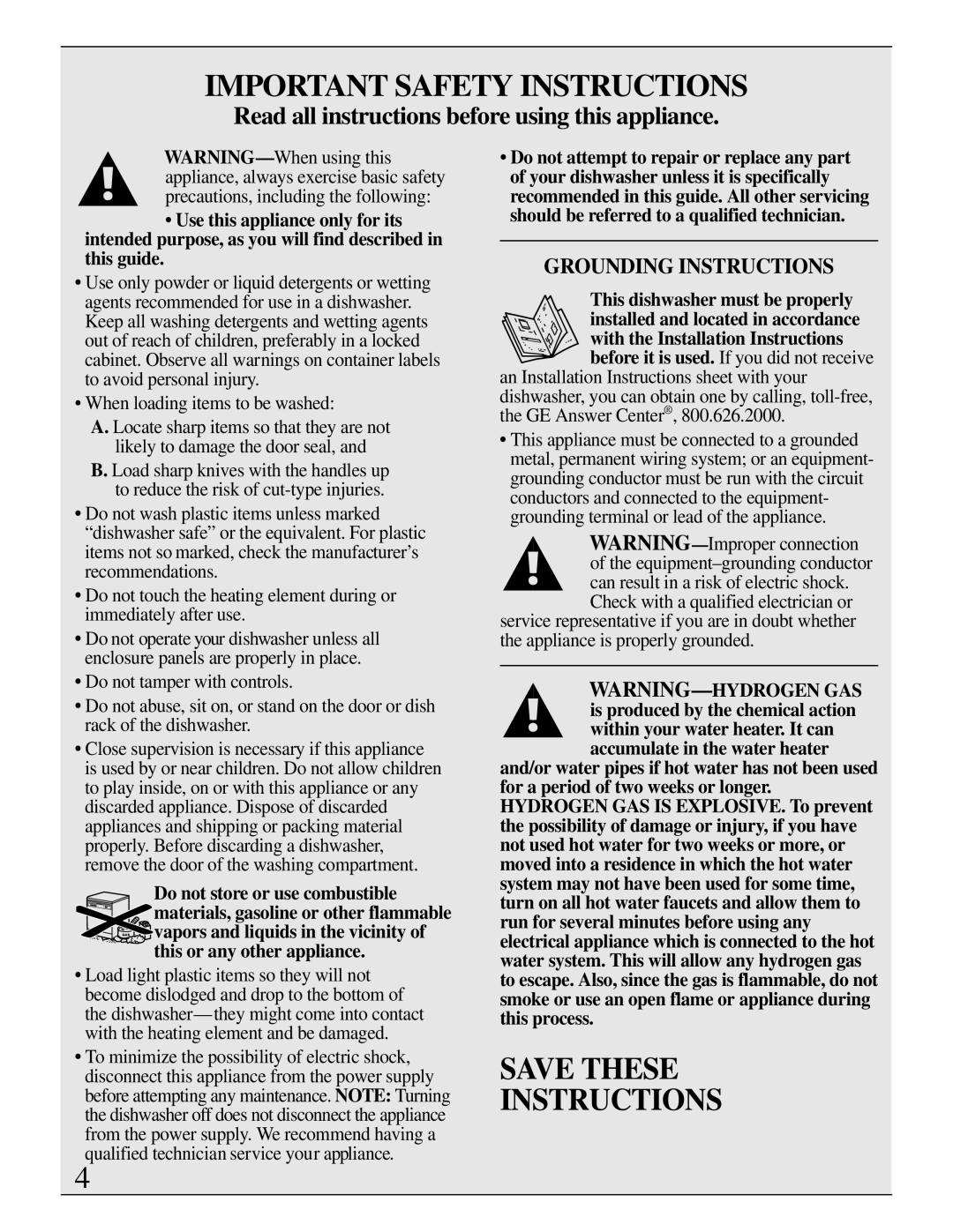 GE Monogram ZBD3500 manual Important Safety Instructions, Save These Instructions 