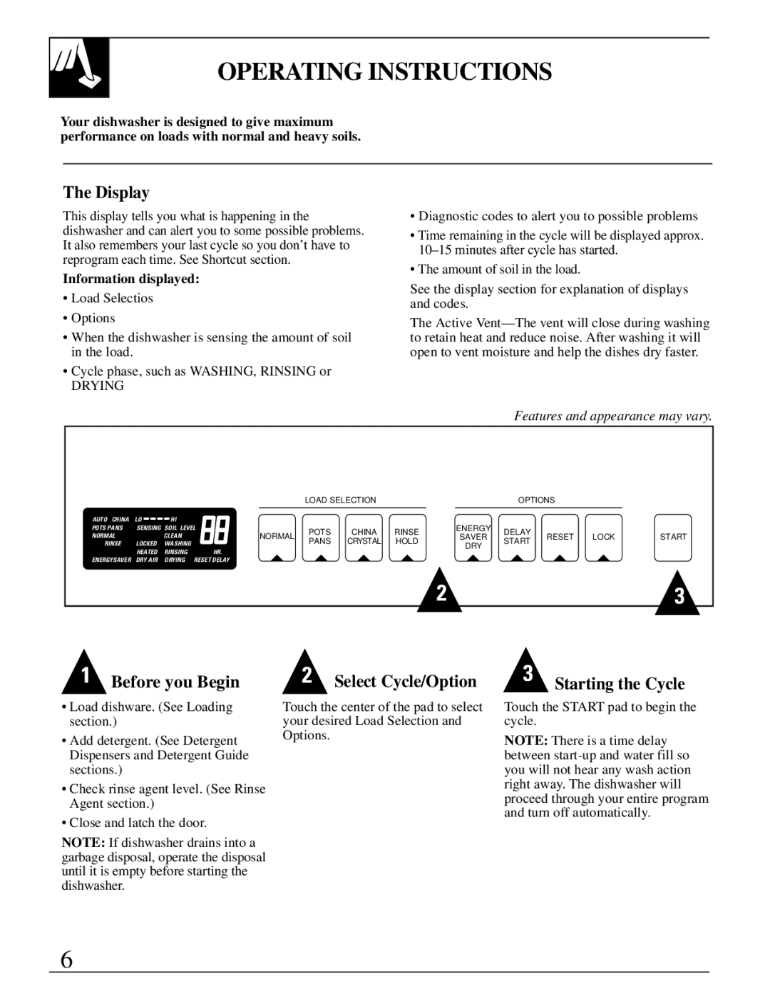 GE Monogram ZBD3500 manual Operating Instructions, Display, Before you Begin Select Cycle/Option Starting the Cycle, Drying 