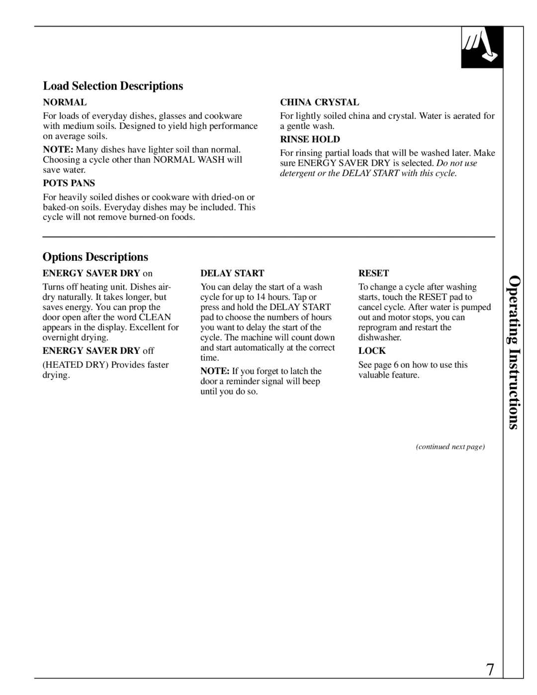 GE Monogram ZBD3500 manual Load Selection Descriptions, Options Descriptions, Energy Saver DRY on, Energy Saver DRY off 