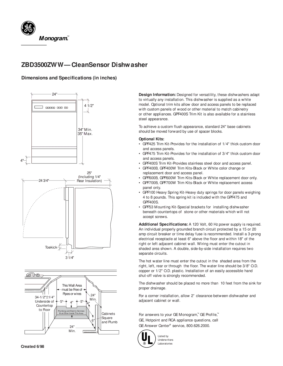 GE Monogram dimensions ZBD3500ZWW-CleanSensor Dishwasher, Dimensions and Specifications in inches, Optional Kits 