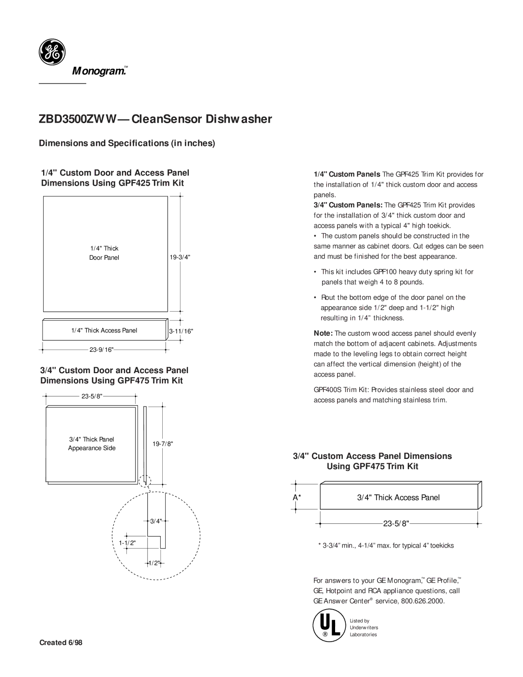 GE Monogram dimensions ZBD3500ZWW-CleanSensor Dishwasher, 23-5/8 