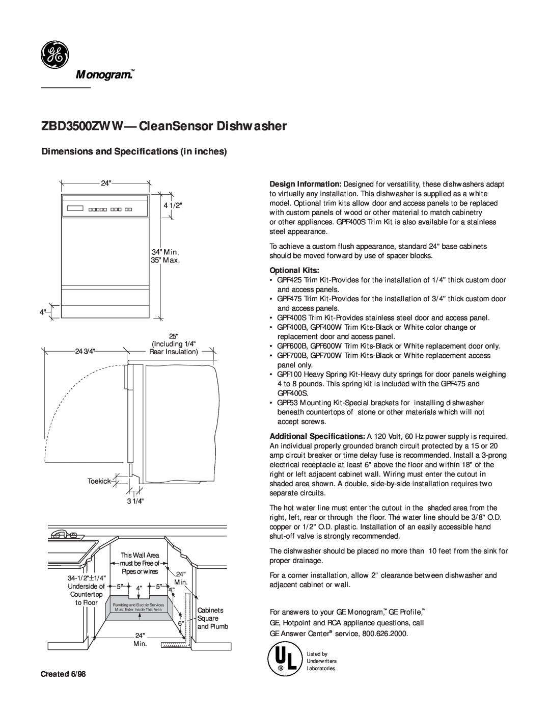 GE Monogram dimensions ZBD3500ZWW-CleanSensorDishwasher, Monogram, Dimensions and Specifications in inches 