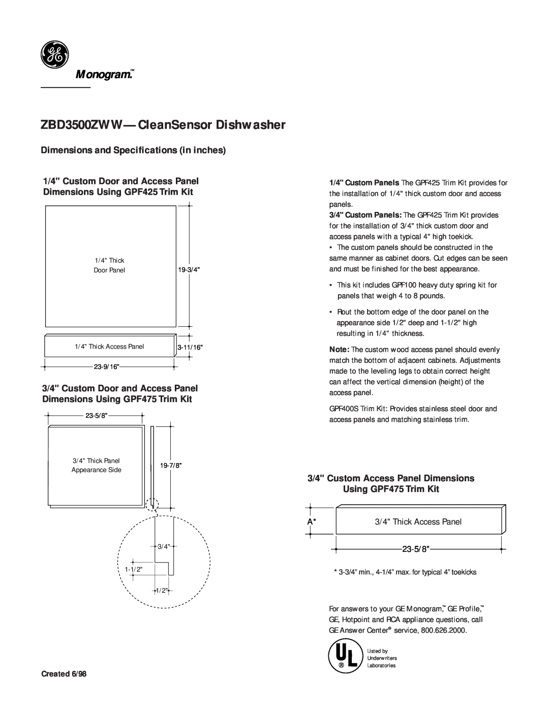 GE Monogram ZBD3500ZWW-CleanSensorDishwasher, Monogram, Dimensions and Specifications in inches, 23-5/8, Created 6/98 