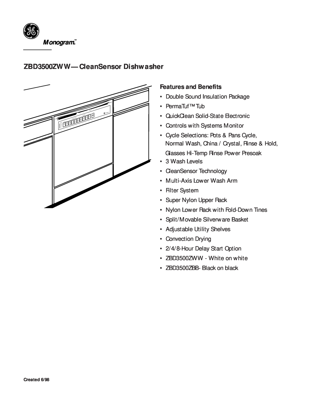 GE Monogram dimensions ZBD3500ZWW-CleanSensorDishwasher, Monogram, Features and Benefits 