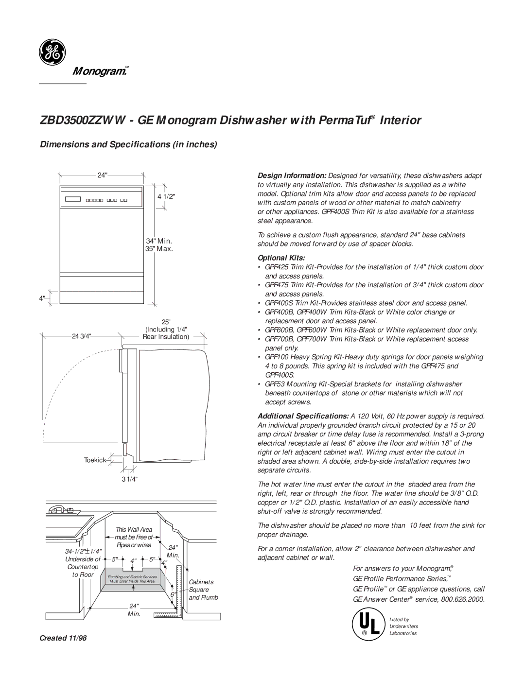 GE Monogram dimensions ZBD3500ZZWW GE Monogram Dishwasher with PermaTuf Interior, Optional Kits, Created 11/98 