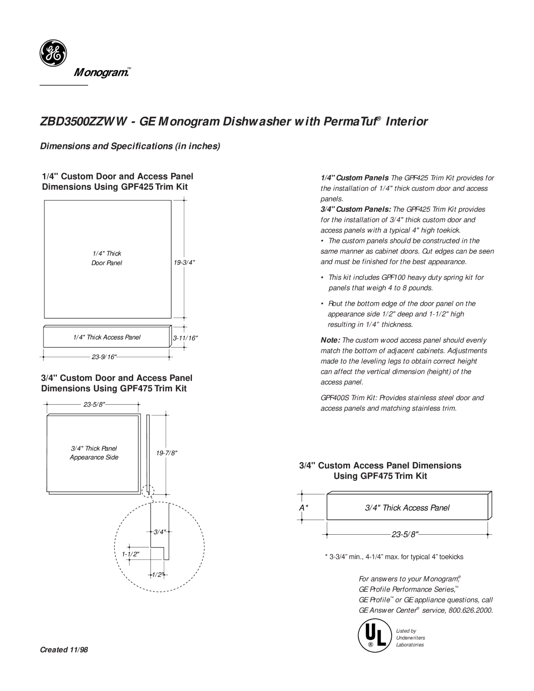 GE Monogram ZBD3500ZZWW dimensions 23-5/8, Thick Access Panel 