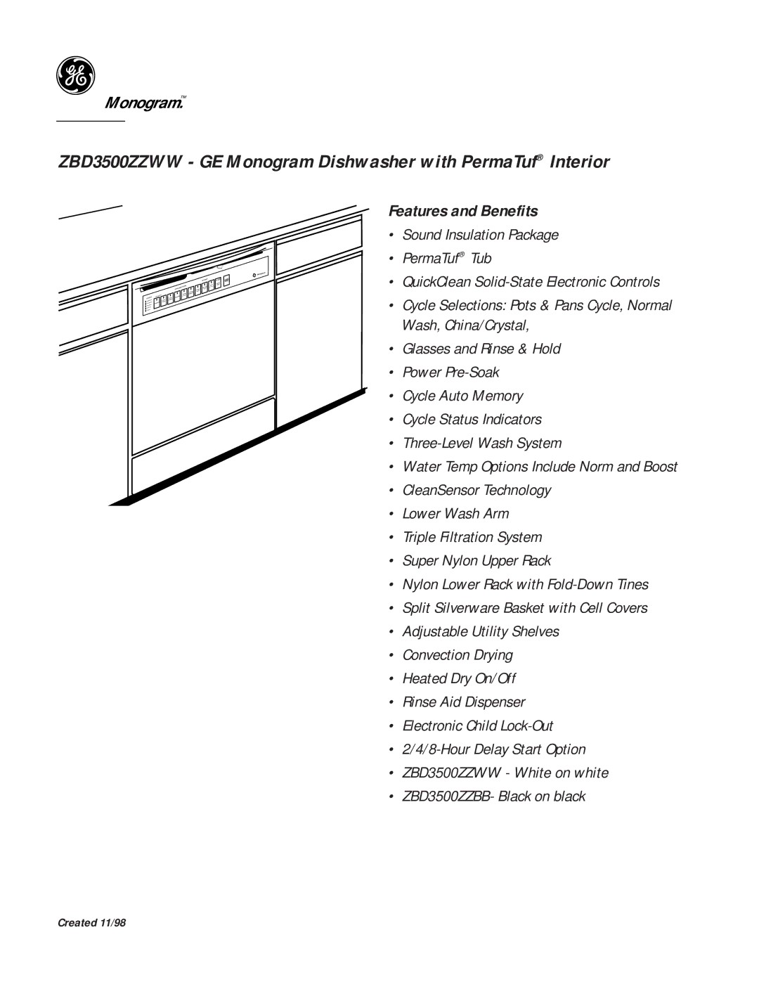 GE Monogram ZBD3500ZZWW dimensions Features and Benefits 