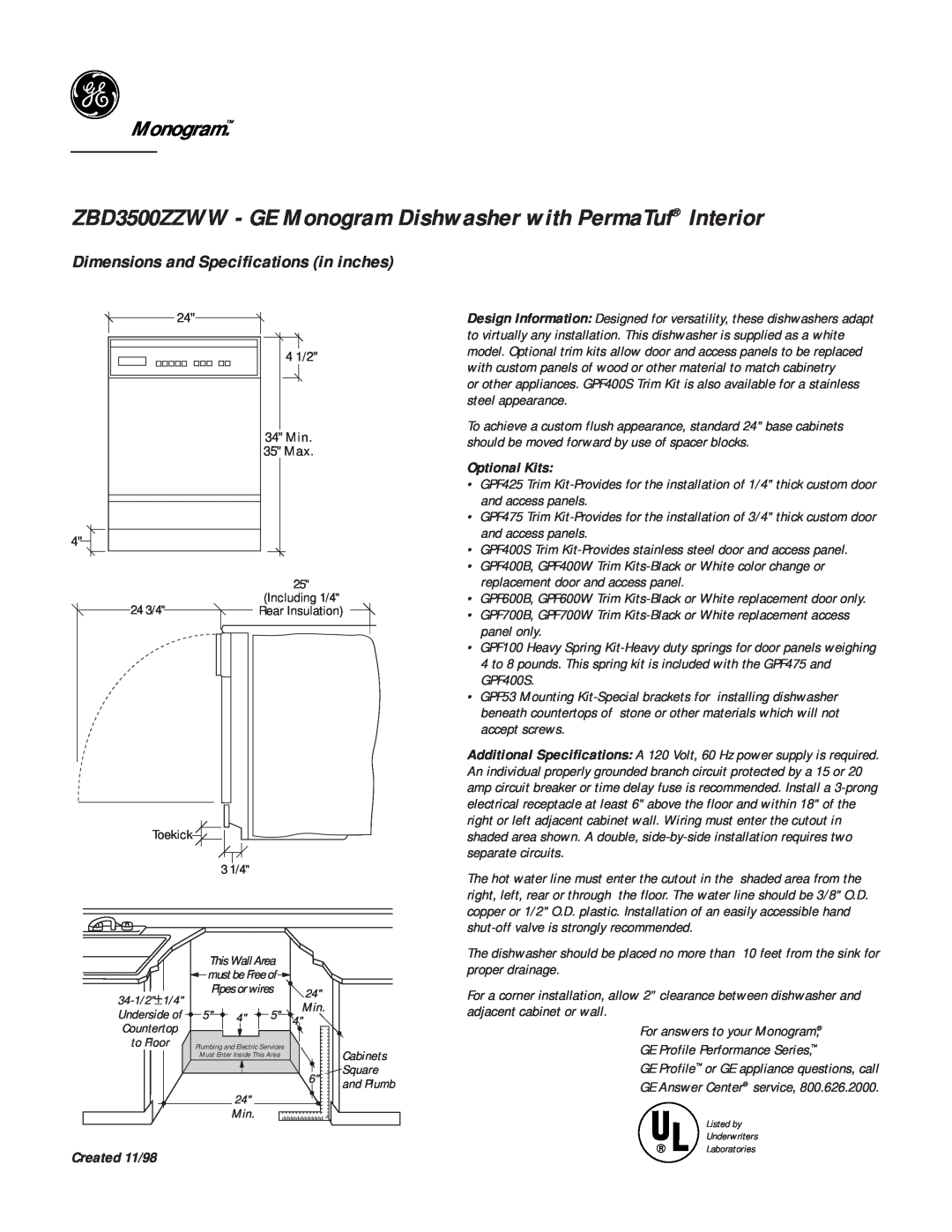 GE Monogram dimensions ZBD3500ZZWW - GE Monogram Dishwasher with PermaTuf Interior, Optional Kits, Created 11/98 