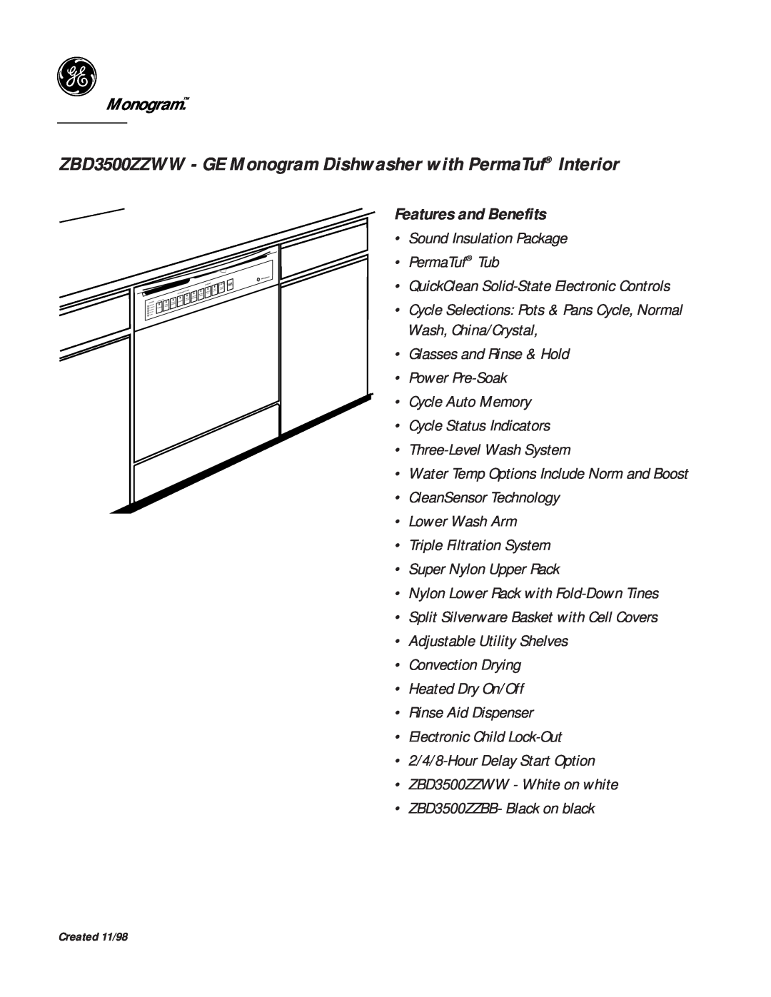 GE Monogram dimensions Features and Benefits, ZBD3500ZZWW - GE Monogram Dishwasher with PermaTuf Interior 