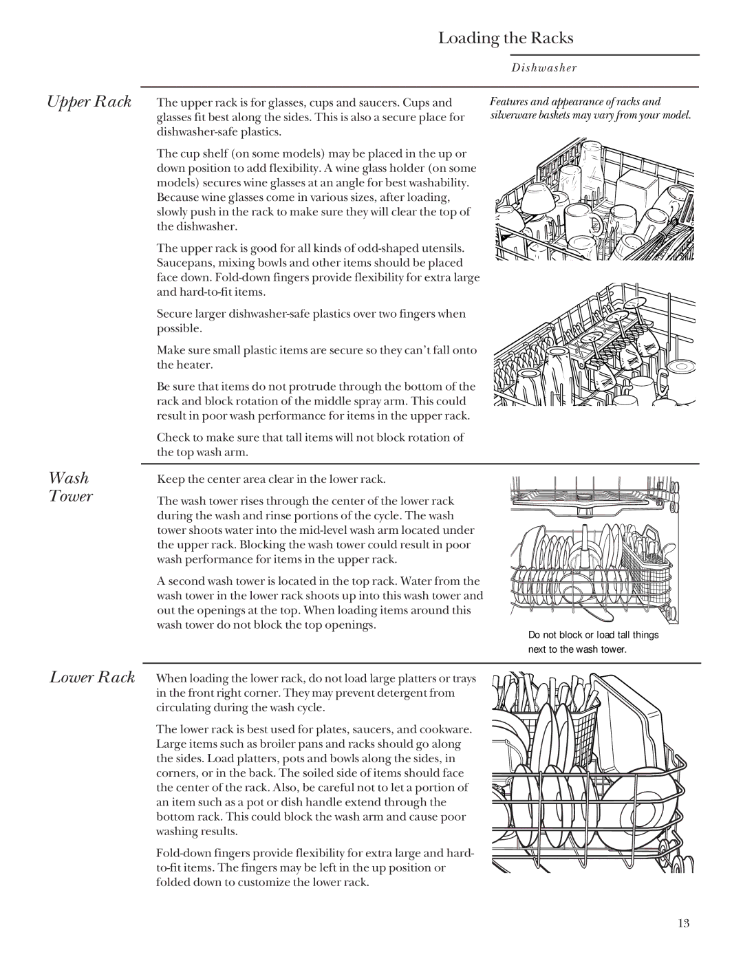 GE Monogram ZBD4500, ZBD4200 manual Upper Rack Wash Tower Loading the Racks 