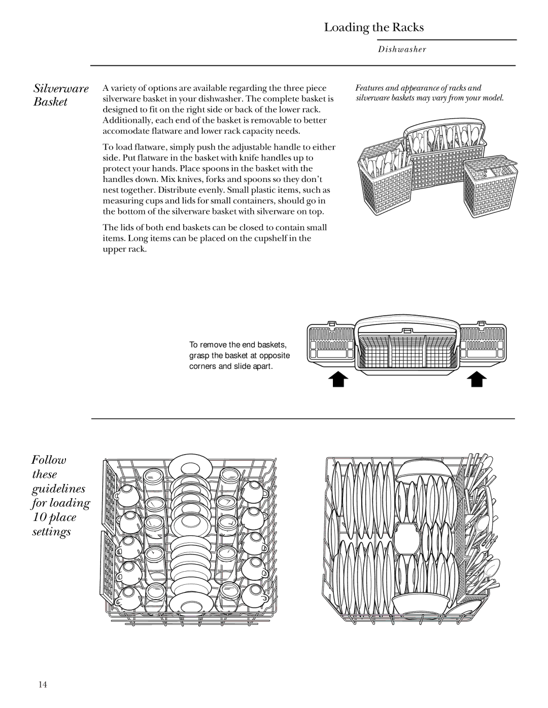 GE Monogram ZBD4200, ZBD4500 manual Loading the Racks, Silverware Basket, Follow these guidelines for loading Place settings 