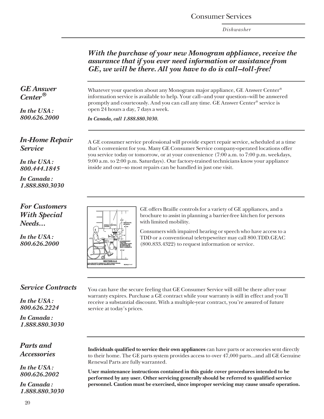 GE Monogram ZBD4200 manual GE Answer Center, In-Home Repair Service, For Customers With Special Needs…, Service Contracts 