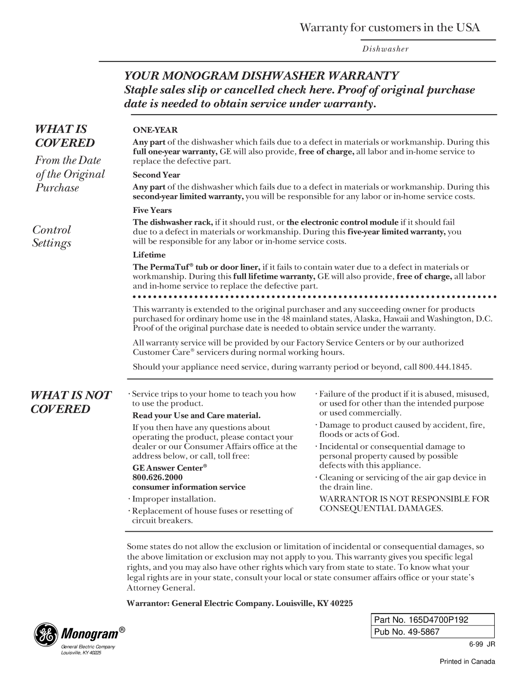 GE Monogram ZBD4200, ZBD4500 manual From the Date Original Purchase Control Settings, Warranty for customers in the USA 