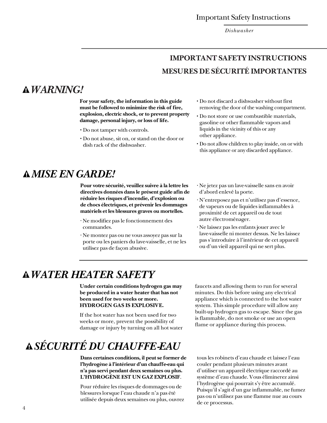 GE Monogram ZBD4200, ZBD4500 manual Important Safety Instructions, Hydrogen GAS is Explosive, ’HYDROGÈNE EST UN GAZ Explosif 