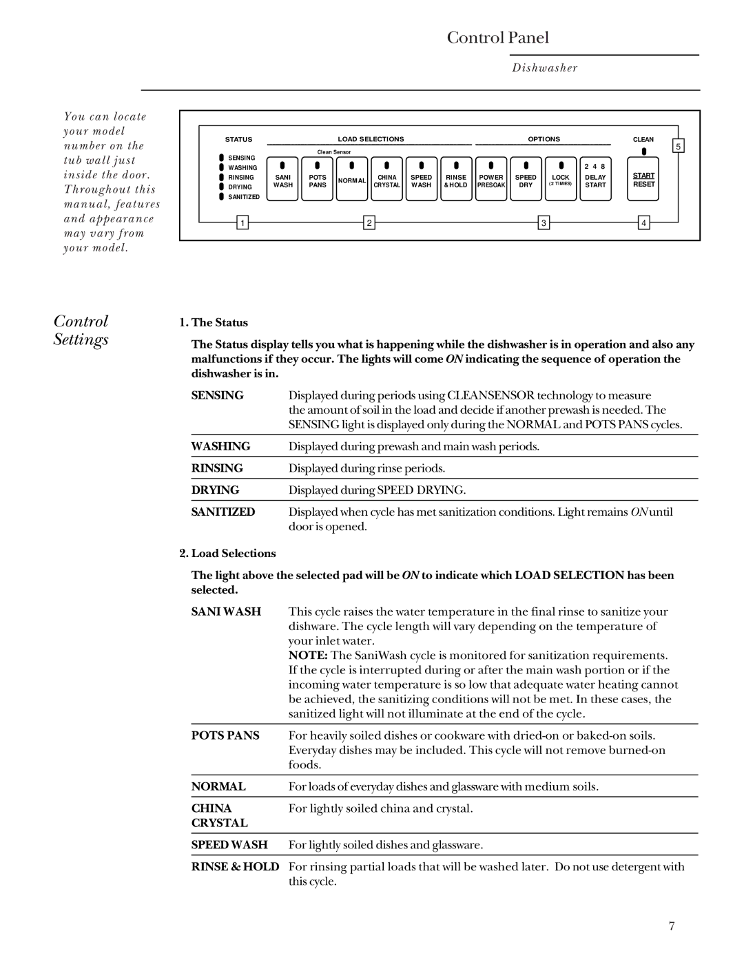 GE Monogram ZBD4500, ZBD4200 manual Control Panel, Control Settings 