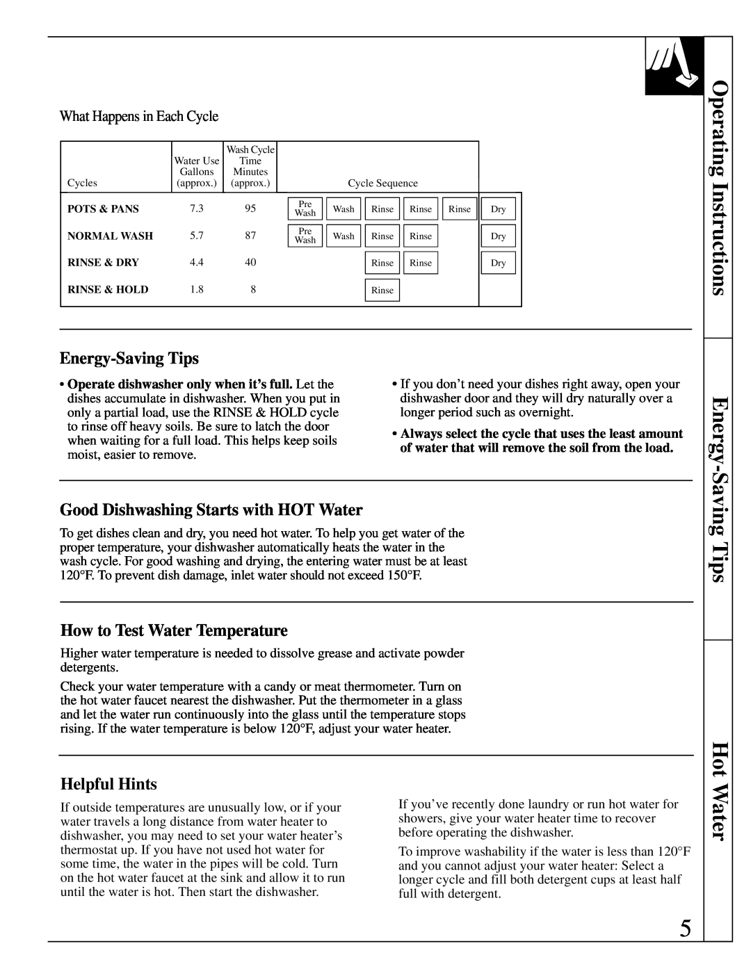 GE Monogram ZBD4600 manual Operating Instructions Energy-SavingTips, Hot Water, Good Dishwashing Starts with HOT Water 