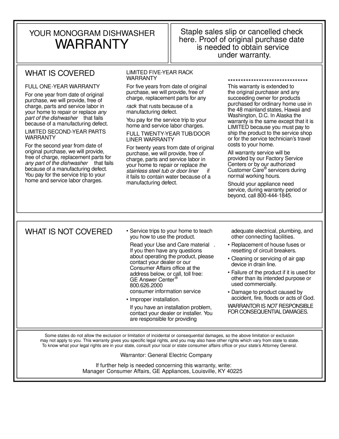 GE Monogram ZBD4700 manual Warranty 