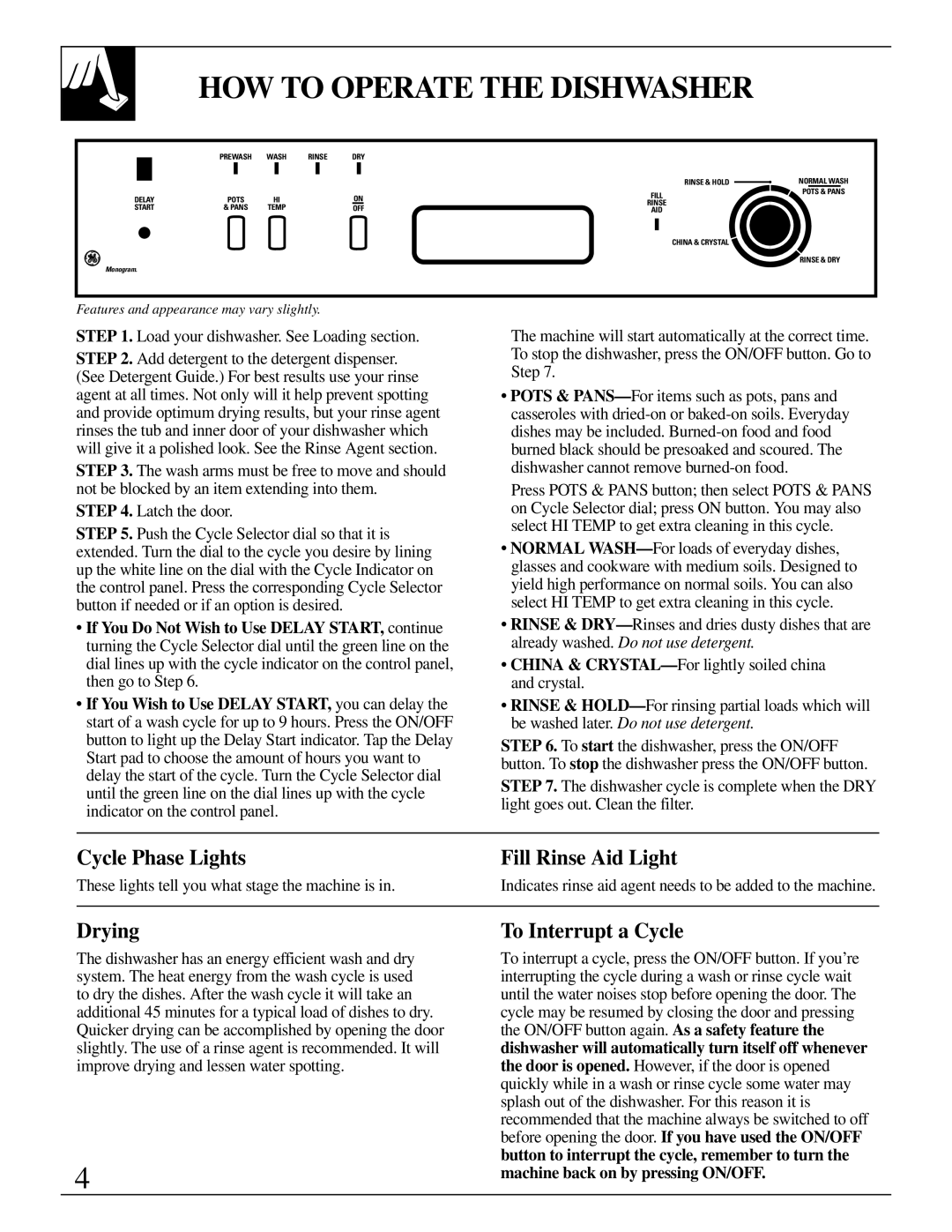 GE Monogram ZBD4700 HOW to Operate the Dishwasher, Cycle Phase Lights Fill Rinse Aid Light, Drying, To Interrupt a Cycle 