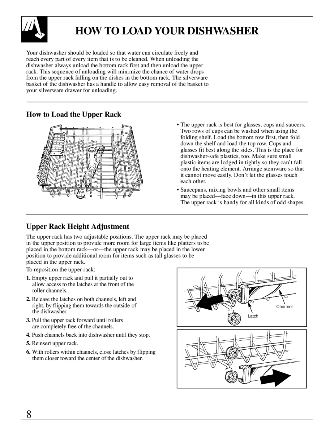 GE Monogram ZBD4700 manual HOW to Load Your Dishwasher, How to Load the Upper Rack, Upper Rack Height Adjustment 