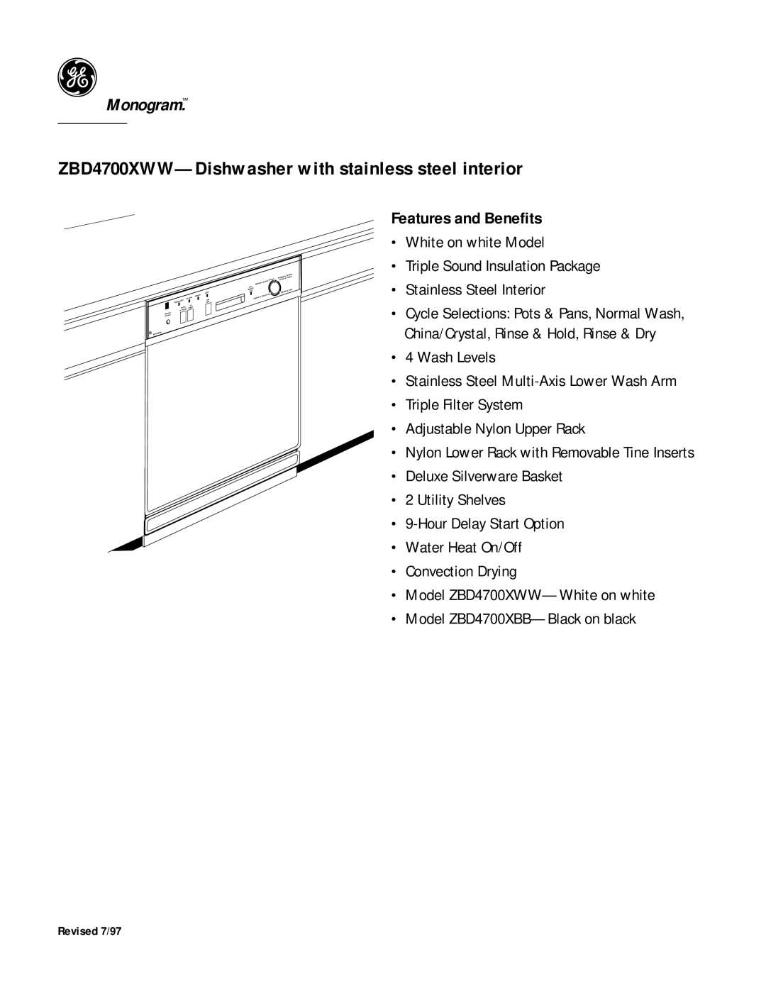 GE Monogram ZBD4700XWW dimensions Features and Benefits 