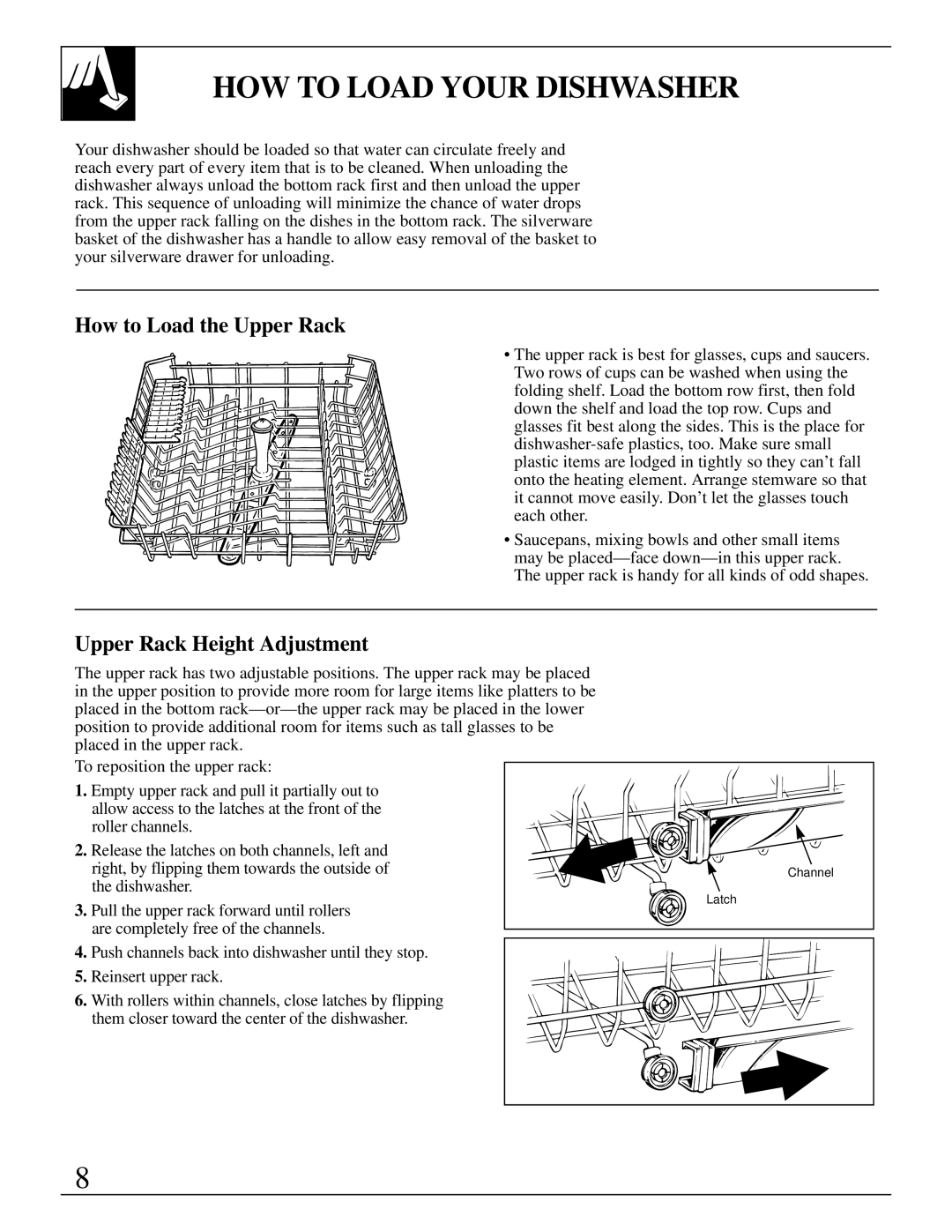 GE Monogram ZBD4800 manual HOW to Load Your Dishwasher, How to Load the Upper Rack, Upper Rack Height Adjustment 