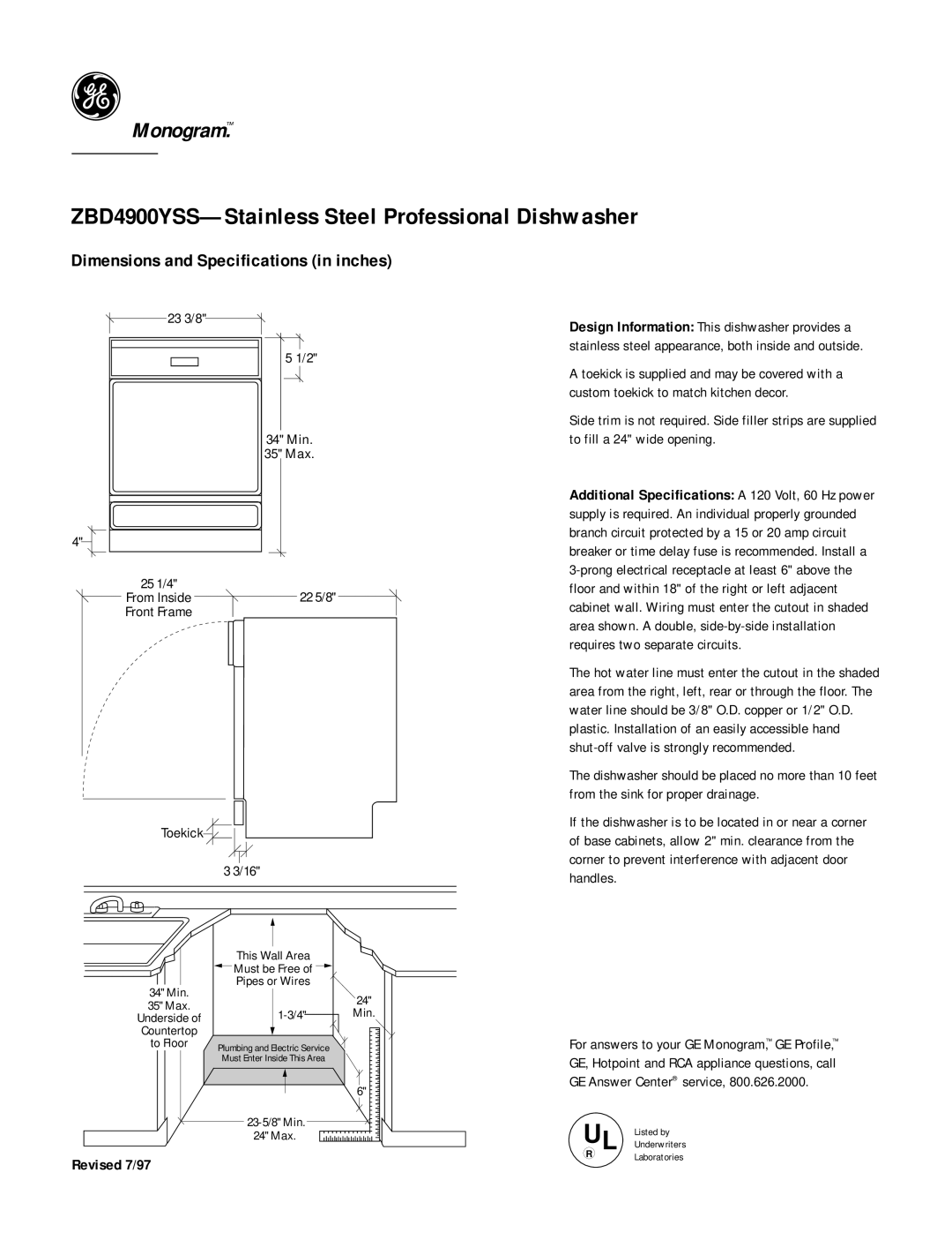 GE Monogram dimensions ZBD4900YSS-Stainless Steel Professional Dishwasher, Dimensions and Specifications in inches 