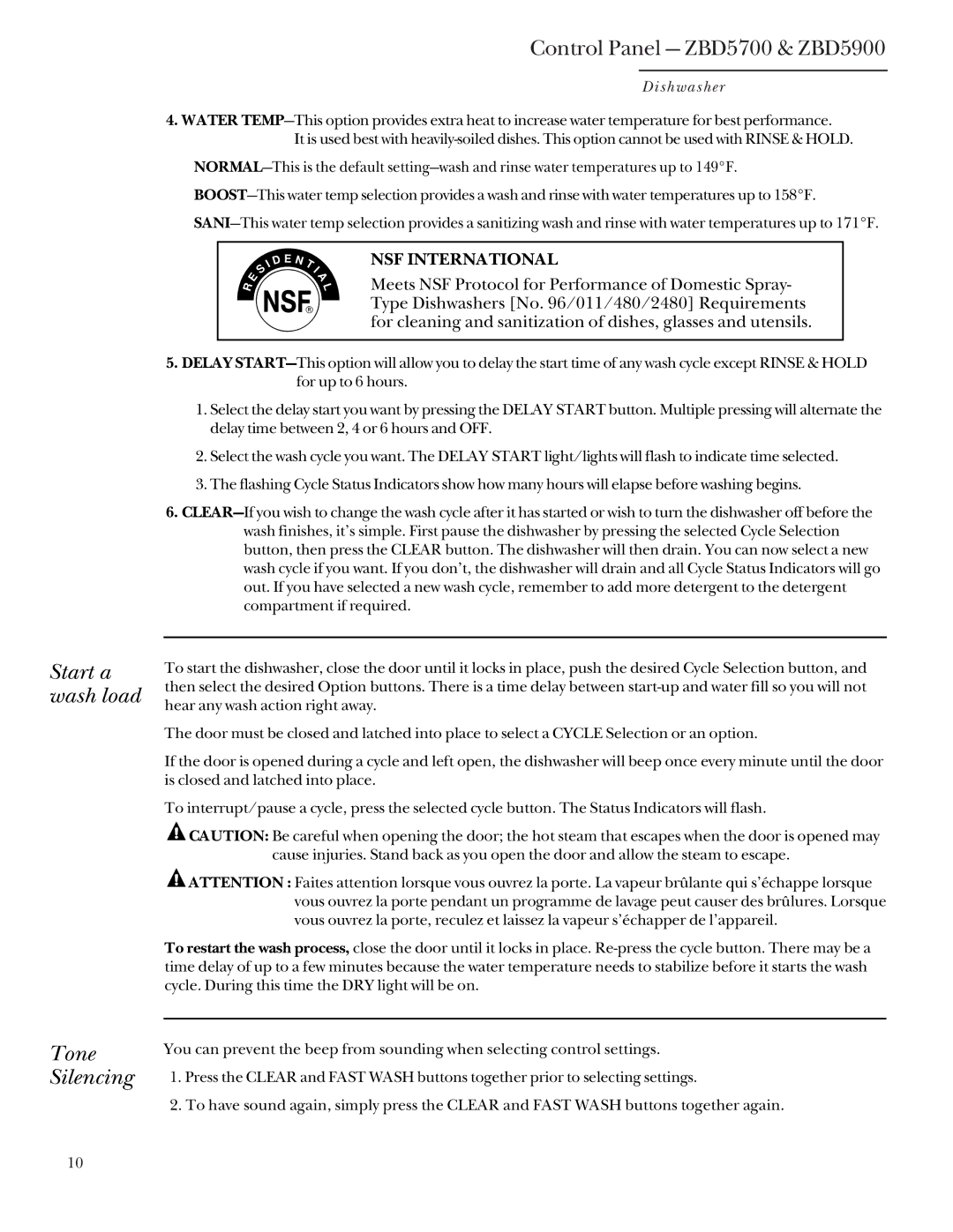 GE Monogram ZBD5700, ZBD5900, ZBD5600 manual Start a wash load Tone Silencing, NSF International 