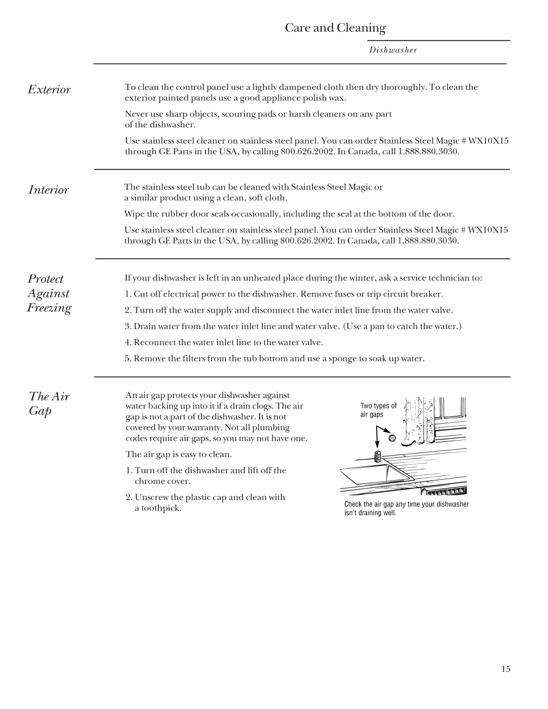 GE Monogram ZBD5900, ZBD5700, ZBD5600 manual Exterior Interior Protect Against Freezing, Care and Cleaning, Air Gap 