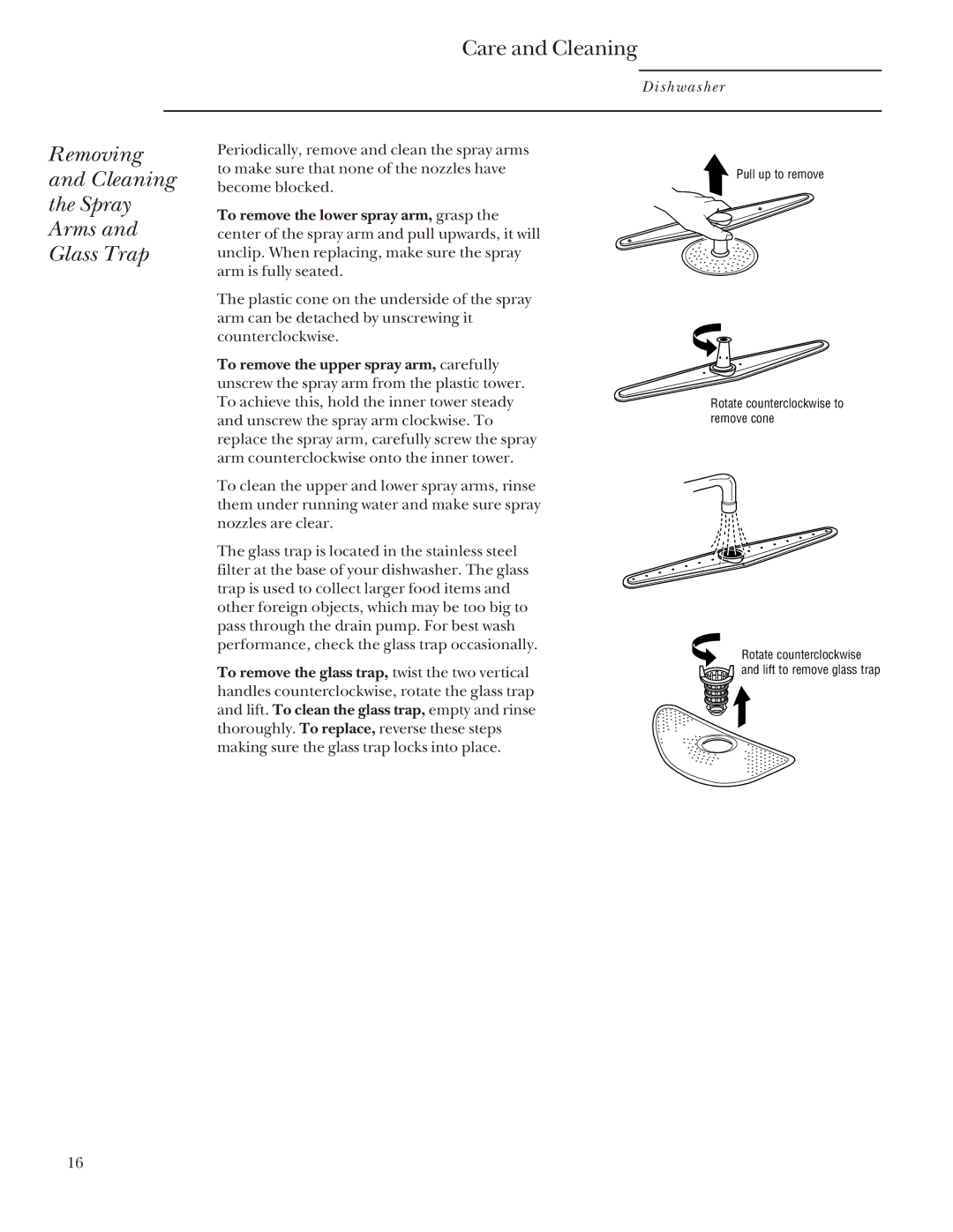 GE Monogram ZBD5700, ZBD5900, ZBD5600 manual Removing Cleaning Spray Arms Glass Trap, Pull up to remove 